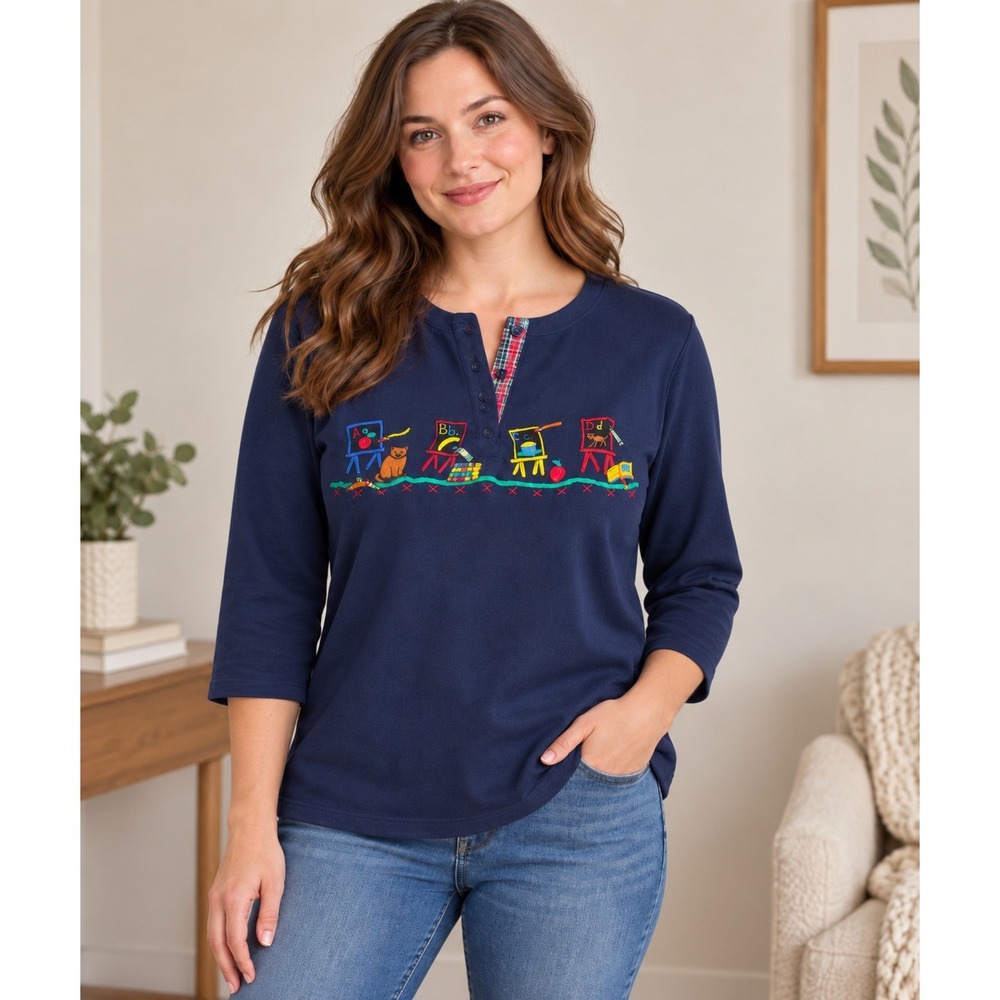 Vintage Karen Scott Henley Womens M Navy Embroidered Teacher 3/4 Sleeve Plaid